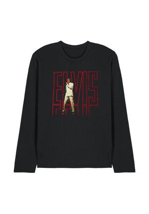 Schwarzes Langarmshirt mit einem Sänger in einem weißen Anzug und großem roten "ELVIS"-Schriftzug im Hintergrund.