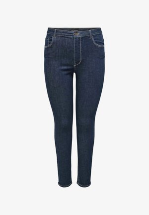 Tamsiai mėlyni džinsai, priglundantys prie kūno, su penkių kišenių dizainu, turintys užsegimą mygtuku ir siūlių akcentus. Lygus paviršius, prigludęs stilius.