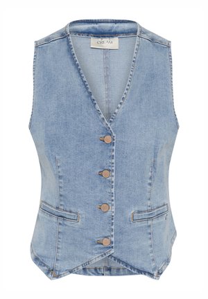Light blue denim vest with a V-neck, five button front, two side pockets, and a slightly rounded hem. Contrast stitching details visible.