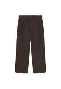 Donkerbruine wijde broek van katoen. Beschikt over twee voorzakken, een knoopsluiting en een rechte snit met afgewerkte randen.