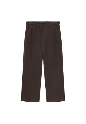 Donkerbruine wijde broek van katoen. Beschikt over twee voorzakken, een knoopsluiting en een rechte snit met afgewerkte randen.