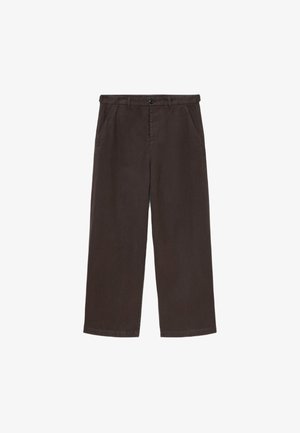 Ciemnobrązowe spodnie o szerokich nogawkach wykonane z bawełny. Posiadają dwie przednie kieszenie, zapinanie na guzik oraz prosty krój z wykończonymi brzegami.