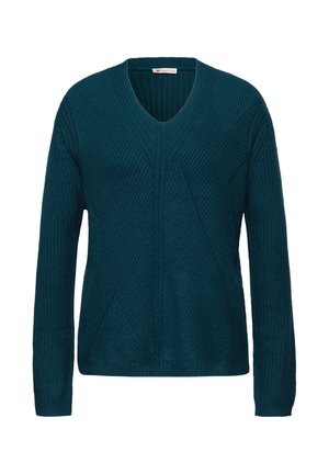 Pullover in teal a scollo a V con texture a coste, caratterizzato da motivi diagonali, maniche lunghe e una vestibilità rilassata.