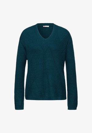 Pull en V teal en texture côtelée avec des motifs diagonaux, des manches longues et une coupe décontractée.