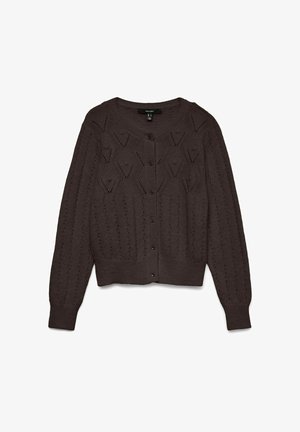 Cardigan en tricot marron foncé avec fermeture à boutons, manches longues, motif en losanges texturé et à pois, ainsi que des poignets et un ourlet côtelés.