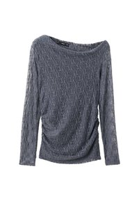 Bluză lungă cu dantelă gri, cu mâneci lungi și guler căzut, model texturat, detalii plisate la talie și o croială lejeră.