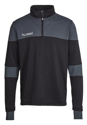 Sweatshirt zippé noir et gris avec un col, en tissu texturé, et logo Hummel sur la poitrine. Comprend des manches contrastantes.