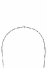 Silberne Metallkette mit einem glatten, ineinandergreifenden Design und einem sicheren Karabinerverschluss.