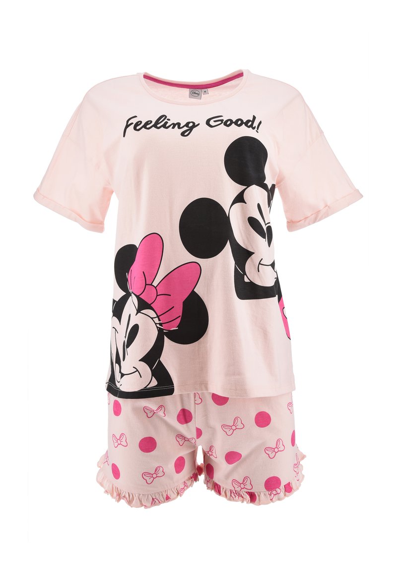 Pijamas de algodón rosa con mangas cortas. La camiseta presenta un gráfico de dos ratones de dibujos animados y el texto "¡Sentirse Bien!" Los pantalones cortos tienen lunares rosas y lazos.