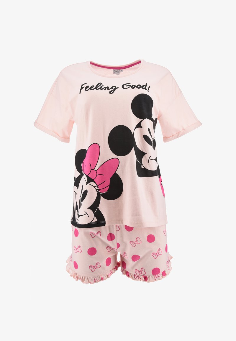 Roze katoenen pyjama's met korte mouwen. Het T-shirt heeft een afbeelding van twee cartoonmuizen en de tekst "Feeling Good!" De shorts hebben roze stippen en strikken.