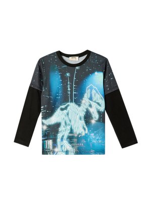 Langarm t-shirt met een gloeiende dinosaurus-skelet graphic op een blauwe en zwarte stadsachtergrond. Zwarte mouwen en een ronde halslijn.