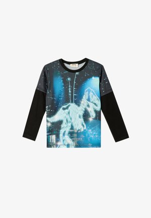T-shirt a maniche lunghe con un grafico di scheletro di dinosauro luminescente su uno sfondo di skyline blu e nero. Maniche nere e scollatura rotonda.