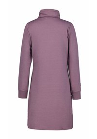 Lila, langärmliges Kleid mit hohem Schalkragen, aus einem glatten Stoff gefertigt. Verfügt über taillierte Manschetten und einen geraden Schnitt.