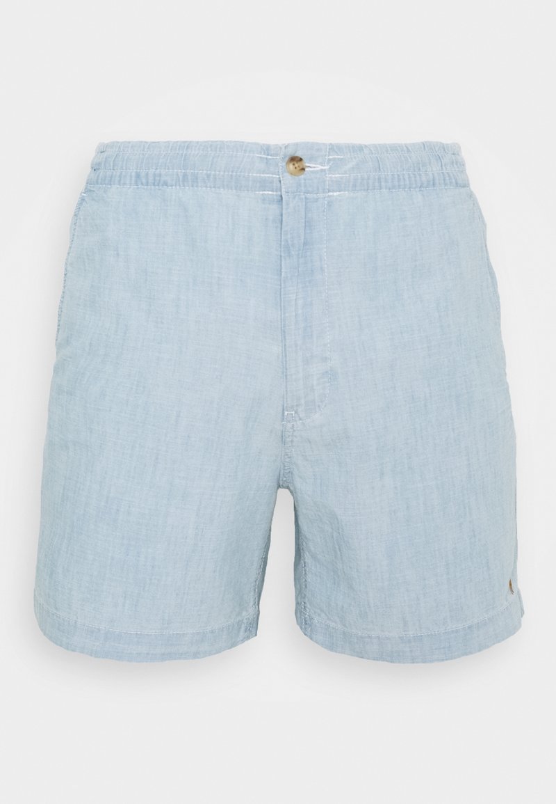 Vaalean siniset pellavashortsit, joissa on elastinen vyötärö ja yksi nappisulku. Teksturoidut kangas ja sivutaskut.