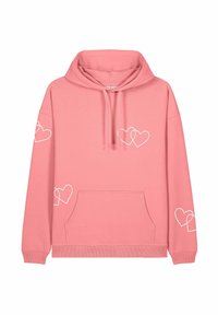 Rozā kapuce izgatavota no mīksta auduma, ar priekšējo kabatu, velcro kapuci un baltām sirdīm uz piedurknēm.