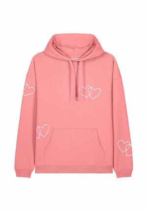 Felpa rosa realizzata in morbido tessuto, dotata di tasca frontale, cappuccio con coulisse e disegni di cuori bianchi sulle maniche.