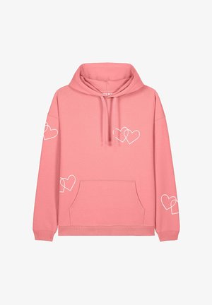 Ružičasti dukserica od mekanog materijala s prednjim džepom, kapuljačom s vezicom i bijelim srcima na rukavima.