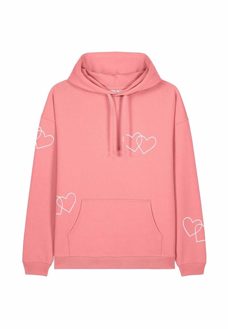 Rozā kapuce izgatavota no mīksta auduma, ar priekšējo kabatu, velcro kapuci un baltām sirdīm uz piedurknēm.