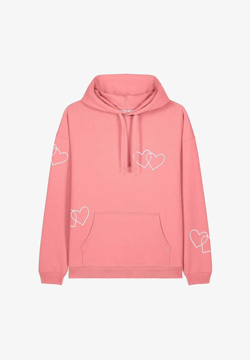 Rozā kapuce izgatavota no mīksta auduma, ar priekšējo kabatu, velcro kapuci un baltām sirdīm uz piedurknēm.