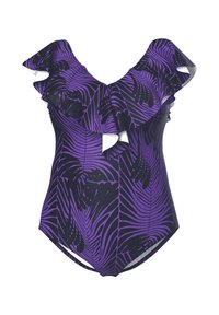 Maillot de bain une pièce violet avec motif de feuilles tropicales noires, épaules froncées, détail découpé à l'avant et tissu lisse et extensible.