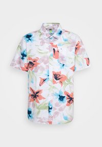 Lyhythihainen napillinen paita valkoisena, jossa on eloisa kukkakuosi, jossa on vaaleanpunaisia, sinisiä ja vihreitä sävyjä; sisältää rintataskun.