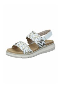 White and silver woven sandal with two wide straps, cushioned footbed, and a light gray rubber sole, featuring a backstrap for support.