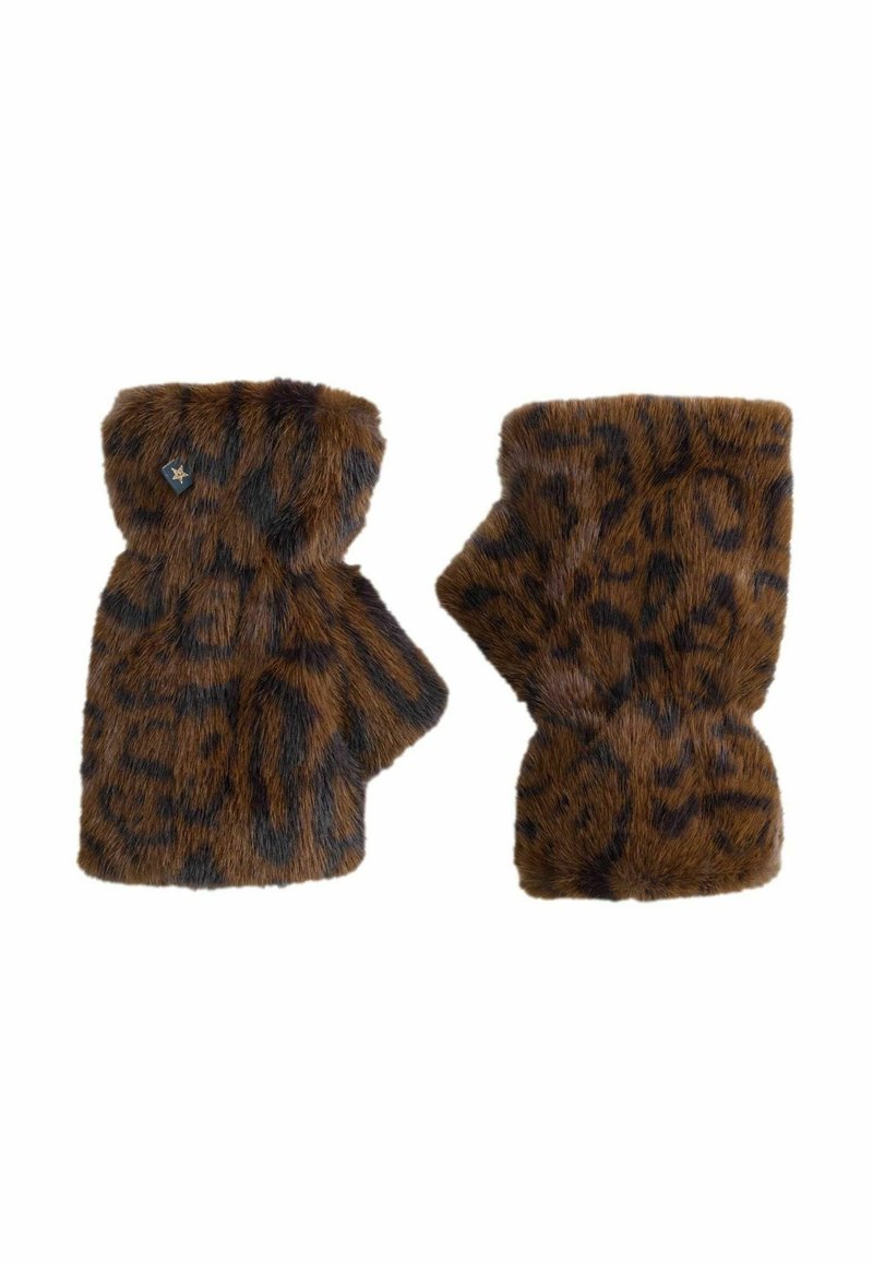 Guanti senza dita in pelliccia sintetica marrone con un motivo leopardato, dotati di una texture morbida e di un piccolo ornamento a forma di stella.