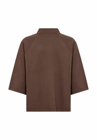Braunes Poloshirt mit kurzen Ärmeln und Kragen, hergestellt aus einem glatten Stoff. Verfügt über Raglanärmel und eine lockere Passform.