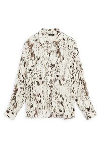 Blouse à col en tissu léger avec une base blanche et un motif abstrait marron. Comprend des manches longues et une coupe ample.