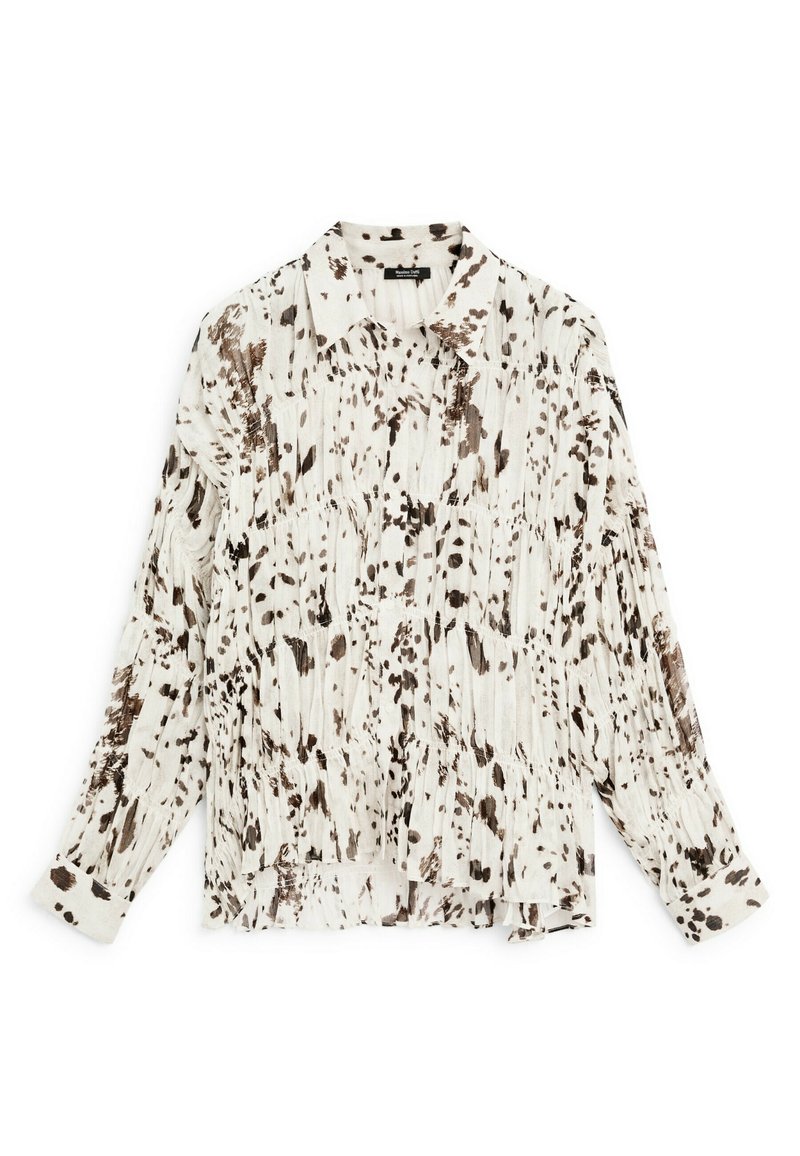 Blouse à col en tissu léger avec une base blanche et un motif abstrait marron. Comprend des manches longues et une coupe ample.