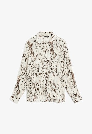 Bluzka z kołnierzykiem z lekkiego materiału w białym kolorze z brązowym, abstrakcyjnym wzorem. Posiada długie rękawy i luźny krój.