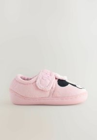 Pink plush slipper with a Velcro strap, featuring a black and white face design on the toe, round shape, and soft texture.