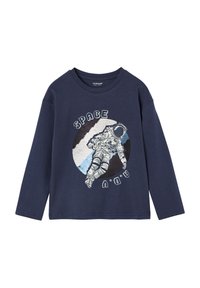 Marineblaues Langarm-T-Shirt aus weicher Baumwolle mit einem Astronauten-Graphic, dem Text "SPACE" und einem kreisförmigen Design in Blau- und Schwarztönen.