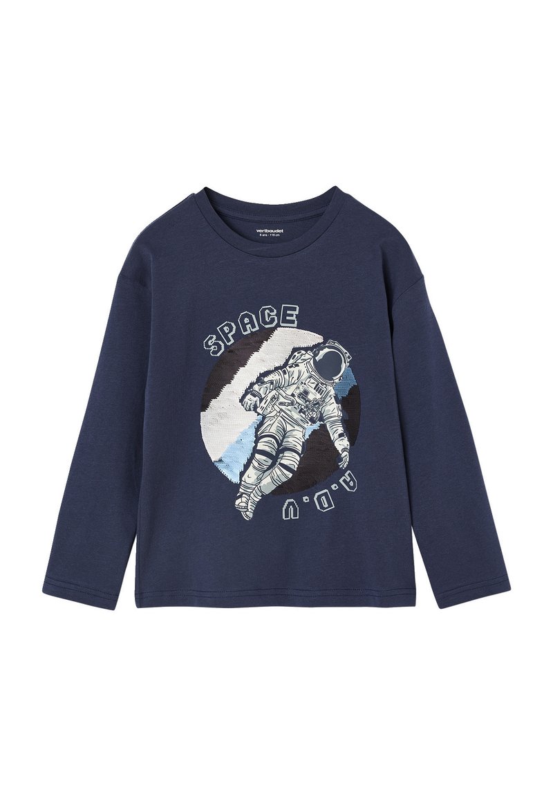 Marineblaues Langarm-T-Shirt aus weicher Baumwolle mit einem Astronauten-Graphic, dem Text "SPACE" und einem kreisförmigen Design in Blau- und Schwarztönen.