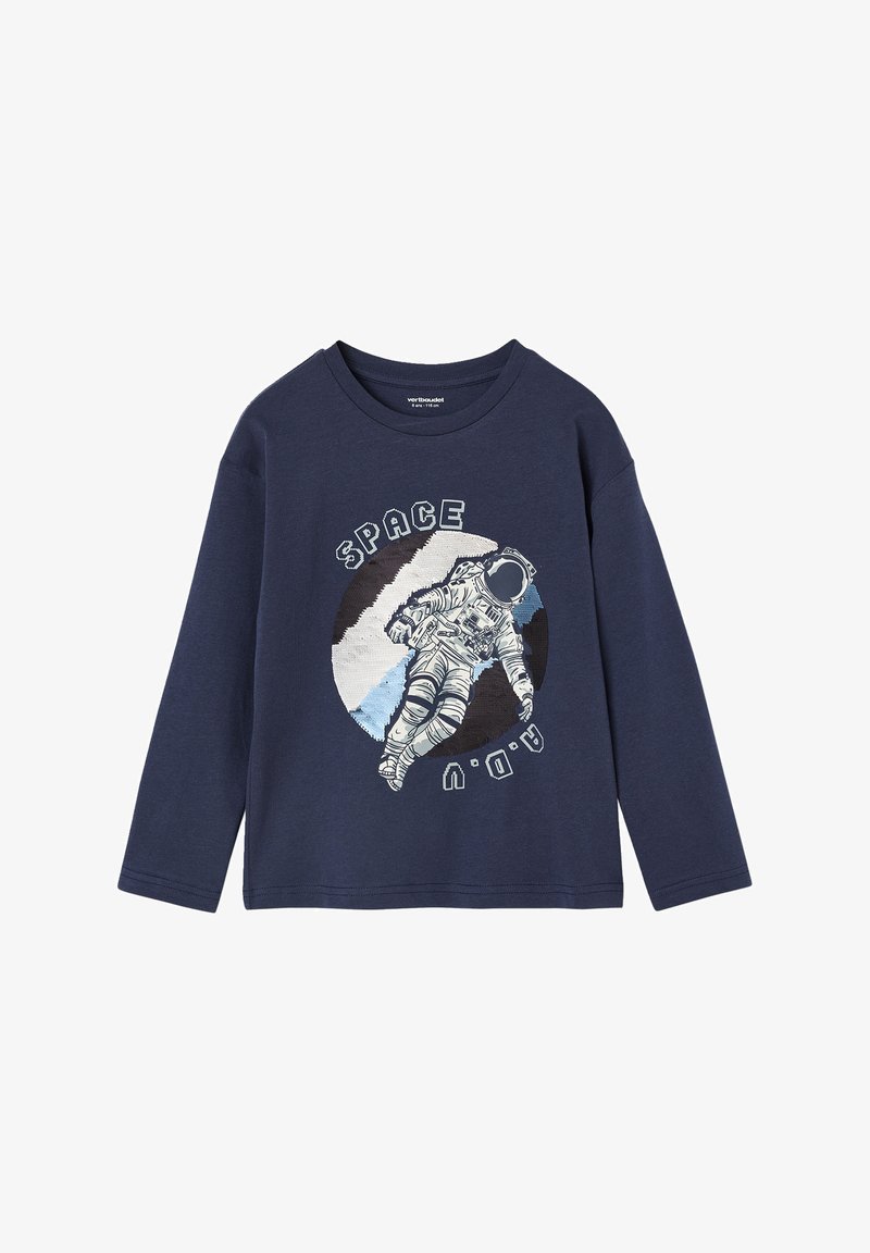 Marineblaues Langarm-T-Shirt aus weicher Baumwolle mit einem Astronauten-Graphic, dem Text "SPACE" und einem kreisförmigen Design in Blau- und Schwarztönen.
