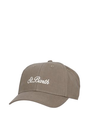 Berretto da baseball taupe con testo bianco ricamato "St. Barth" sul davanti e fori di ventilazione cuciti sopra.