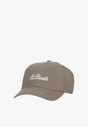 Berretto da baseball taupe con testo bianco ricamato "St. Barth" sul davanti e fori di ventilazione cuciti sopra.