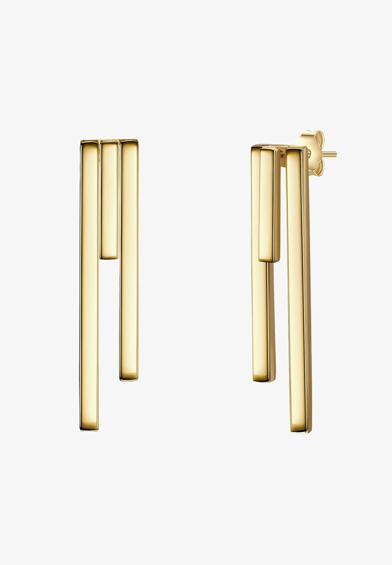 Zelta metāla auskari ar trim gareniskām taisnstūra joslām dažādos garumos, ar gludu tekstūru un pulētu apdari. Ietver arī stud aizmuguri.