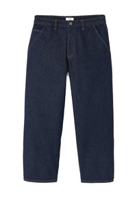 Jeans en denim bleu foncé avec une coupe droite, dotés de cinq poches, d'une fermeture à bouton à l'avant et d'une couture jaune contrastante.