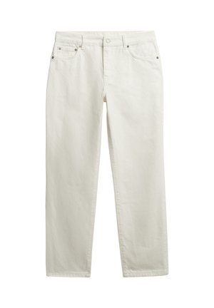 Witte spijkerbroek van denim met een rechte pijpdesign, vijf zakken en hardware in zilverkleur. Gladde textuur met minimale stikseldetails.