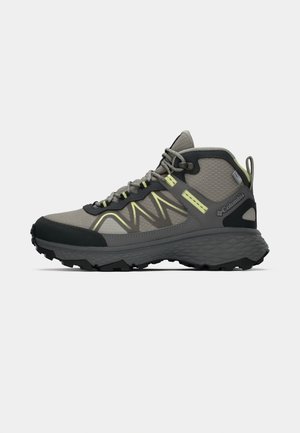 Men's hiking shoes made of gray synthetic mesh and rubber with black accents, green laces, and a textured sole for grip.
