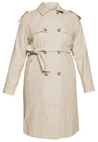 Beige trenchcoat met dunne witte strepen, dubbele rij knopen, riem op de taille, zijzakken en schouderepauletten.