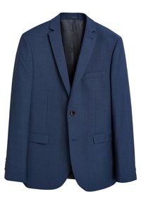 Blazer azul marino hecho de tela texturizada, con un cierre frontal de dos botones, solapas en pico y dos bolsillos frontales. Interior forrado visible.