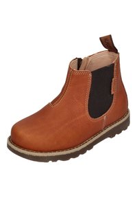 Brown leather Chelsea boot with elastic side panels and a textured surface. Features a rounded toe and a rubber sole with stitching details.