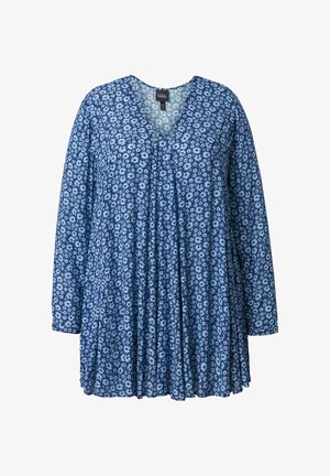 Blaues langärmliges Oberteil mit Blumenmuster, V-Ausschnitt und plissiertem Design. Hergestellt aus leichtem Stoff mit einem Muster aus kleinen hellblauen Blumen.