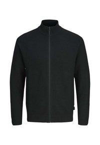 Pull noir zippé fabriqué en tissu tricoté texturé. Doté d'un col montant, de poignets côtelés et d'une ourlet côtelé. Design minimaliste sans logos visibles.