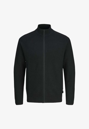 Pull noir zippé fabriqué en tissu tricoté texturé. Doté d'un col montant, de poignets côtelés et d'une ourlet côtelé. Design minimaliste sans logos visibles.