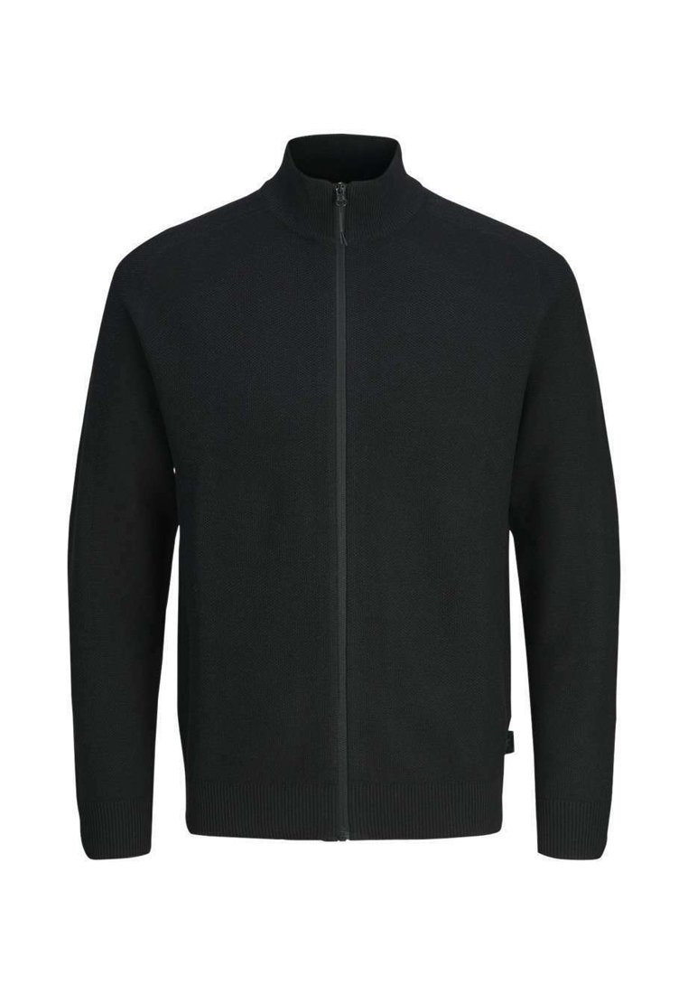 Pull noir zippé fabriqué en tissu tricoté texturé. Doté d'un col montant, de poignets côtelés et d'une ourlet côtelé. Design minimaliste sans logos visibles.