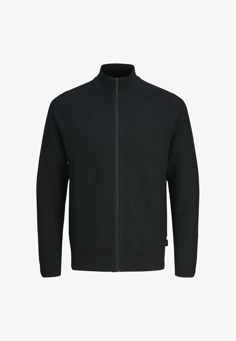 Pull noir zippé fabriqué en tissu tricoté texturé. Doté d'un col montant, de poignets côtelés et d'une ourlet côtelé. Design minimaliste sans logos visibles.