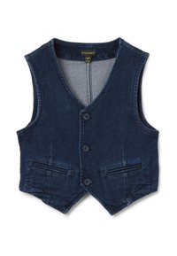 Marineblaues Denim-Weste mit V-Ausschnitt, vier Knöpfen und zwei Fronttaschen. Glatte Textur und subtile Details auf dem Stoff.